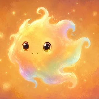 Lumio's companion: a glowing golden creature with big brown eyes and a small smile