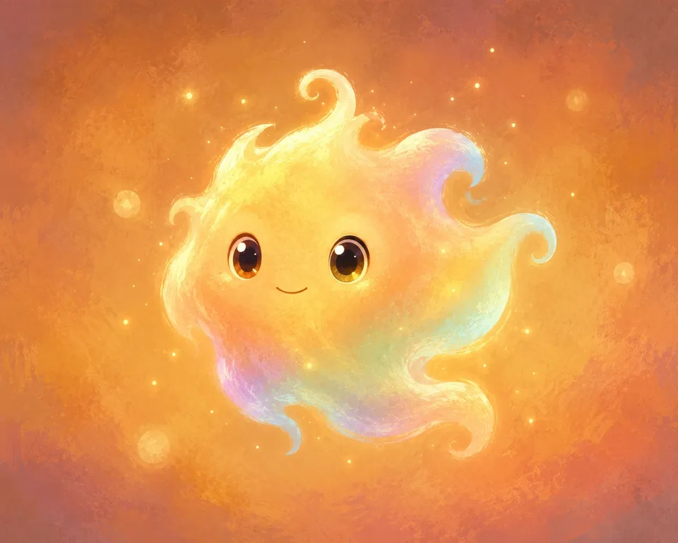 Lumio's companion: a glowing golden creature with swirling, flame-like wisps tinged with pink and green, big brown eyes and a small smile, floating on a warm orange background.